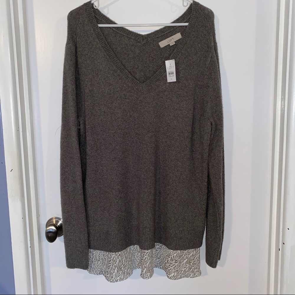 LOFT V Neck Gray Sweater with Attached Blouse NWT
